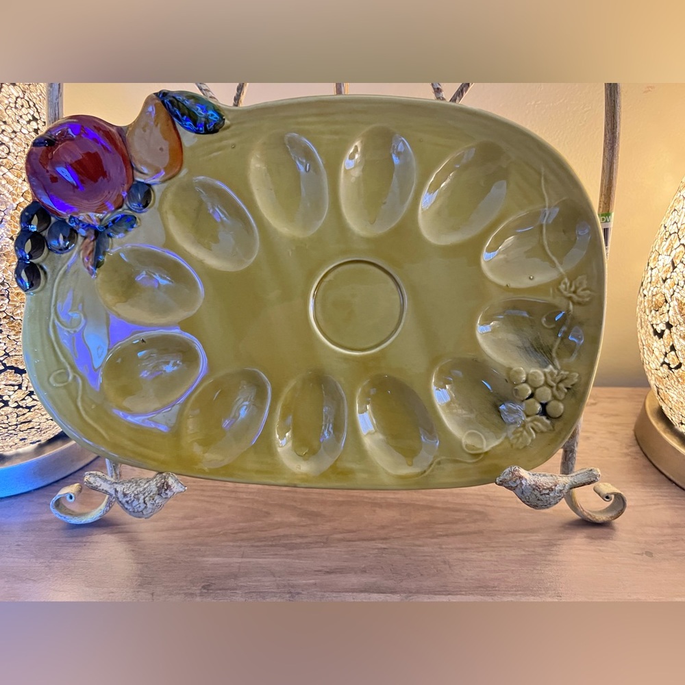 Lefton Avocado Green Ceramic Deviled Egg Serving Platter Fruit Design
